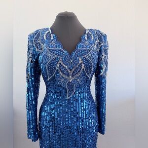 Vintage Demetrios Designs Blue Silk Beaded Evening Gown | Size 14 | 80s/90s